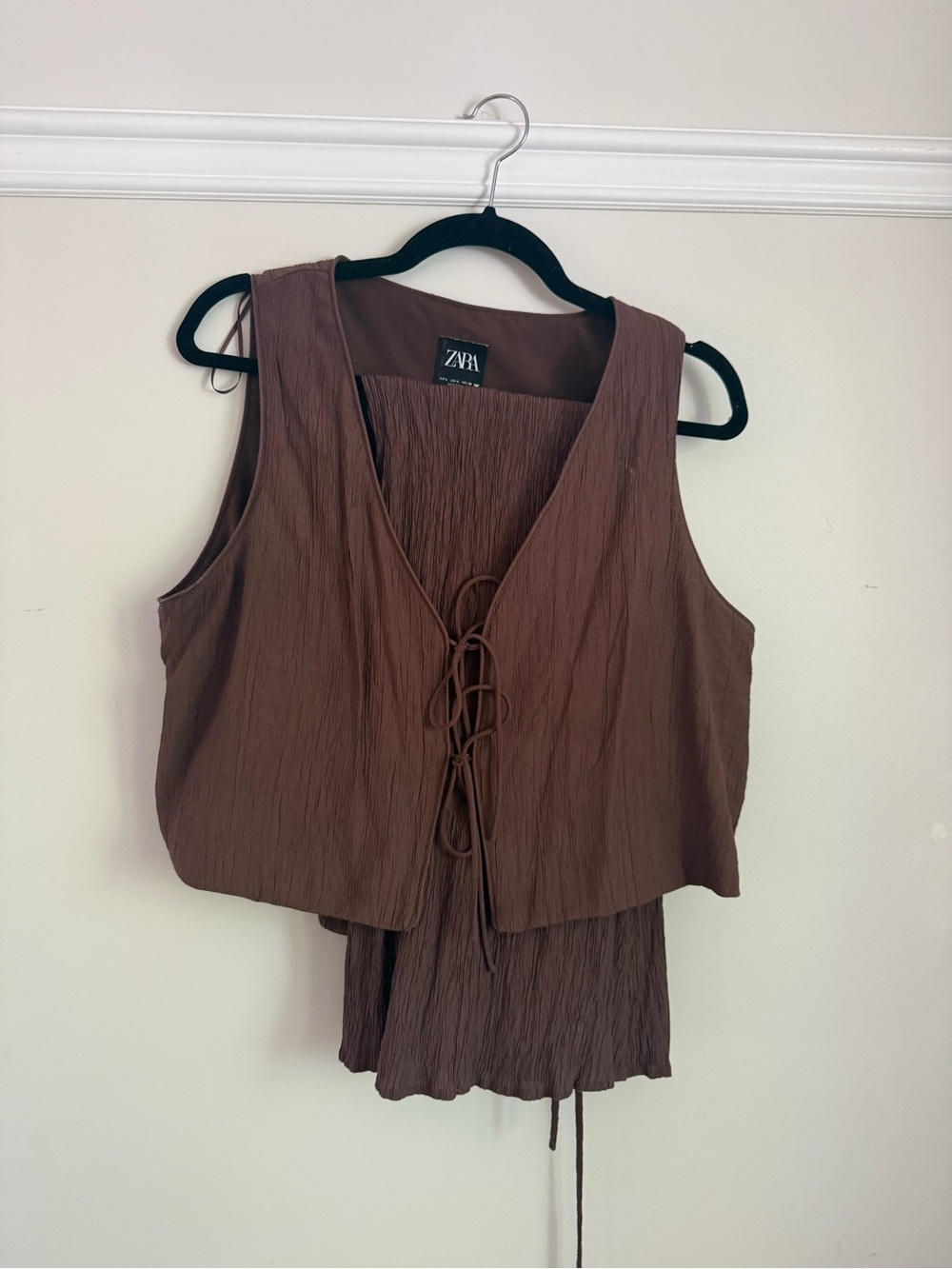 Zara Brown Crinkle Lace-Up Tank Top and Skirt